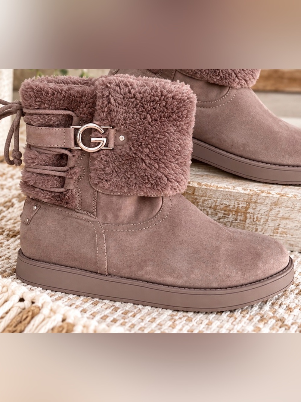 G by Guess Mauve Suede Shearling Cuff Ankle Boots fall winter cozy women’s 8.5